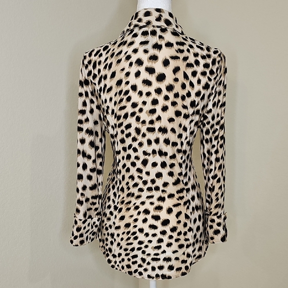 Animal Print Blouse Ruched Waist Rhinestone Buttons Sz M - Picture 5 of 8